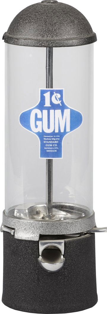 1 Cent U.G. Grandbois Countertop Gumball Vending.: 1 Cent U.G. Grandbois Countertop Gumball Vending Machine, Pat. 1927 w/ Standard Gum Co. decal, Coin slot entry, MFG. marked on bottom.
