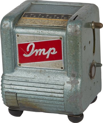 1 Cent Groetchen Tool Imp 3-Reel Countertop Trade.: 1 Cent Groetchen Tool Imp 3-Reel Countertop Trade Stimulator w/ Gumball Vendor c1940 w/ ruler/award card flap, Some wear, No lock/key.