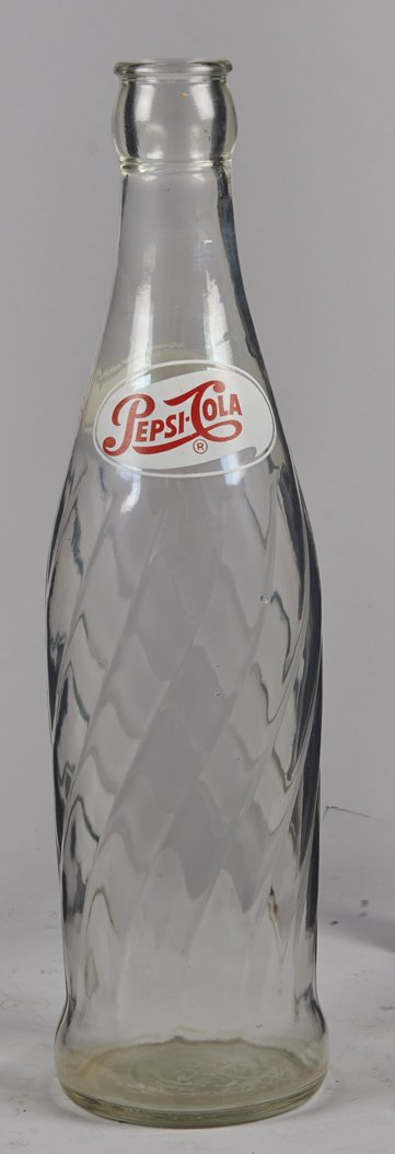 Large Oversized Glass Pepsi Cola Display Bottle.: Large Oversized Glass Pepsi Cola Display Bottle, Salesman sample w/ old & new Pepsi logos & swirl pattern in glass 20”h.
