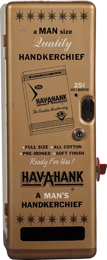 25 Cent Reliable Engr. Co. “Hav-A-Hank” Wall Mount.: 25 Cent Reliable Engr. Co. “Hav-A-Hank” Wall Mount Handkerchief Vending Machine, Pat. 1944, “A Man Size Quality Handkerchief” w/ key.