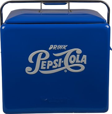 Drink Pepsi Cola Embossed Blue Metal Cooler w/ Handle.: Drink Pepsi Cola Embossed Blue Metal Cooler w/ Handle by Progress Refrigerator Co. Louisville, KY. w/ bottle opener & spout 13” x 18” x 19”h.