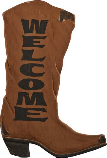 Figural Wood Cowboy Boot “Welcome” Sign 32” Tall.: Figural Wood Cowboy Boot “Welcome” Sign 32” Tall.