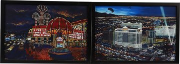 Lot Of 2 C. Bjork Las Vegas Themed Litho. Prints.: Lot Of 2 C. Bjork Las Vegas Themed Litho. Prints In Frames: 1 Parachutists over Caesars Palace No. 1/10 & 1 Las Vegas Strip Westward Ho street scene, AP5 w/ note on back, From paintings by C. Robert B