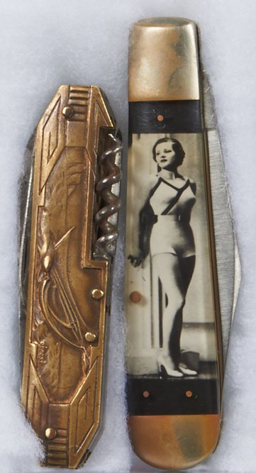 Lot Of 2 Collectible Folding Pocket Knives.: Lot Of 2 Collectible Folding Pocket Knives: 1 Featuring black & white photo of pretty lady, HA199 1/2 SSP, Case XX USA, 3021 & 1 Utility knife featuring Déposé swimmer & sailboat in embossed brass.