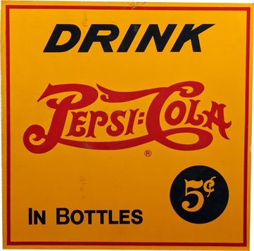 Drink Pepsi : Cola In Bottles 5 Cents Yellow Wood Sign.: Drink Pepsi : Cola In Bottles 5 Cents Yellow Wood Sign, Great condition 18” x 18”.