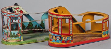 Lot Of 2 Vintage Litho. Tin Wind-Up Roller Coaster Toys: Lot Of 2 Vintage Chein Litho. Tin Wind-Up Roller Coaster Toys w/ belts & ringing bells: 1- Features amusement park scene w/ Chein Playthings logo & 1 Features midway scene w/ J. Chein logo, Made in US