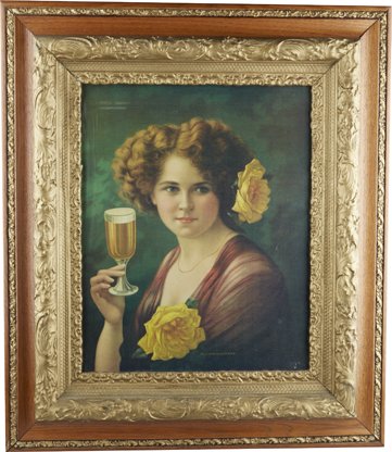 Shiner Beer Ad In Decorative Gold Painted Wood Frame.: Shiner Beer Ad In Decorative Gold Painted Wood Frame, Features Lady Drinking From Glass “Make Mine Shiner Beer,” K. Spoetzl Brewery Shiner Texas 26” x 30”.