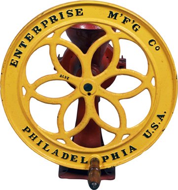 Early Countertop No. 750 Cast-Iron Wheel Coffee Grinder: Early Countertop Red & Yellow No. 750 Cast-Iron Wheel Coffee Grinder by Enterprise MFG. Co., Philadelphia, PA w/ wooden handle.