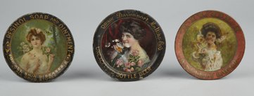 Lot Of 3 Small Round Tin Advertising Tip Trays.: Lot Of 3 Small Round Tin Advertising Tip Trays: 1 Tivoli “A Select Lager” Aug. Lang & Co. S.F. featuring lady in pink w/ beer glass, 1 Drink Davenport Malting Co.’s Unexcelled Bottle Beer “30�