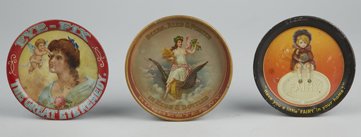 Lot Of 3 Small Round Tin Advertising Tip Trays.: Lot Of 3 Small Round Tin Advertising Tip Trays: 1 Bartholomay Rochester, NY Beers, Ales & Porter In Kegs & Bottles featuring woman w/ wings, 1 Eye-Fix The Great Eye Remedy, The H.D. Beach Co. Coshocto