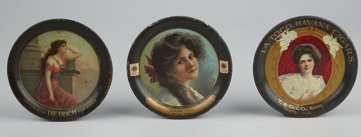 Lot Of 3 Small Round Tin Advertising Tip Trays.: Lot Of 3 Small Round Tin Advertising Tip Trays: 1 Compliments of Dietrich Your Jeweler “19” featuring lady in pink dress, 1 Smith-Wallace Shoe Co. Isidoro Pena, Mission, Texas featuring pretty dar