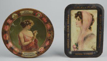 Lot Of 2 Small Advertising Tip Trays.: Lot Of 2 Small Advertising Tip Trays: 1 National Cigar Stands Co. “Our Brands”, The H.D. Beach Co. Coshocton, O. featuring pretty lady in pink w/ daisies, Round 6”d & 1 Turley’s Place Zenda, K