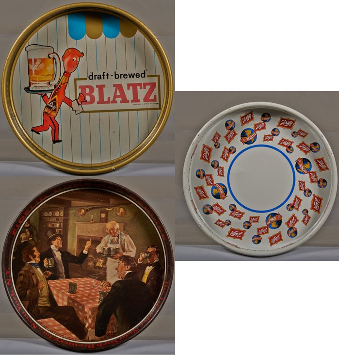 Lot Of 3 Tin Advertising Serving Trays.: Lot Of 3 Tin Advertising Serving Trays: 1 - Draft-Brewed Blatz Beer Round Tin Advertising Serving Tray, “Milwaukee’s Finest Beer” c1964 Blatz Brewing Co. B-478 featuring beer bottle man w/ tray 