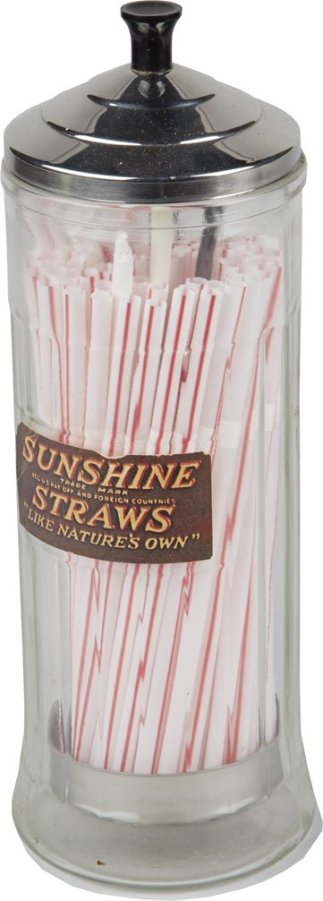 King Research Inc. Scalloped Glass Countertop Straw.: King Research Inc. Scalloped Glass Countertop Straw Holder w/ “Sunshine Straws Like Nature’s Own” decal, straws & metal lid, Embossed bottom, Made in Canada.