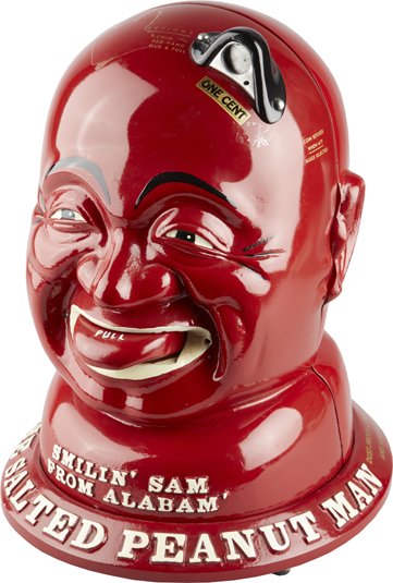 1 Cent “Smilin’ Sam From Alabam’” “The Salted Peanut Ma: 1 Cent “Smilin’ Sam From Alabam’” “The Salted Peanut Man” Peanut Vending Machine, Red & White, General Merchandise Inc., Chicago, Ill. This is a contemporary machine, w/ Key.