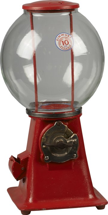 10 Pfennig German Countertop Gumball Vending Machine.: 10 Pfennig German Countertop Gumball Vending Machine w/Round Glass Globe, Red Base & Lid, c1930s w/ Key.