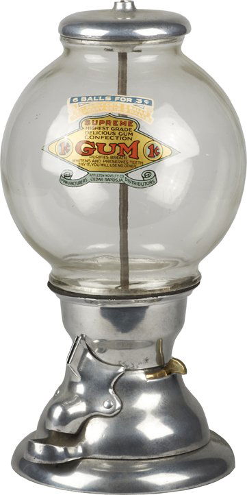 1 Cent Bluebird 1-2-3 Countertop Gumball Vending.: 1 Cent Bluebird 1-2-3 Countertop Gumball Vending Machine, Pat. 1915 w/ Appleton Novelty Co. decal (private labeled), “6 balls for 3 cents - 2nd penny gets 2 balls, 3rd penny gets 3 balls”.