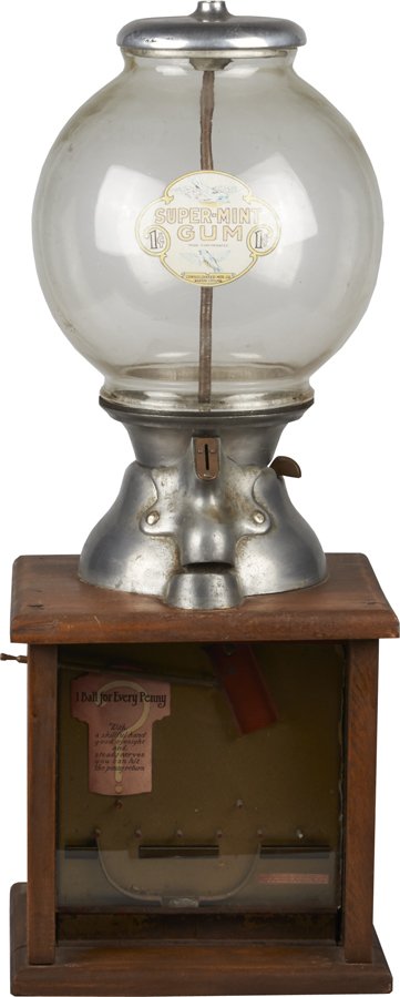 1 Cent Bluebird Products Co. Penny Drop Skill Game.: 1 Cent Bluebird Products Co. Penny Drop Skill Game Countertop Gumball Vending Machine c1926 w/ Consolidated MFG. Co. “Super-Mint Gum” decal & wood penny drop game base.