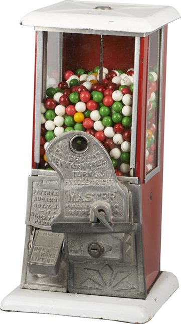 1 & 5 Cent Norris MFG. Co. Master No. 2 “Gooseneck”.: 1 & 5 Cent Norris MFG. Co. Master No. 2 “Gooseneck” Countertop Gumball Vending Machine c1925 (Pat. 1923 & 1924) w/ Ford gumballs, Penny-nickel version w/ rising sun design on coin door & “B & O 