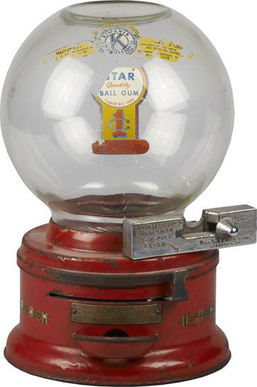 1 Cent Ford Slug Rejector Red Countertop Gumball.: 1 Cent Ford Slug Rejector Red Countertop Gumball Vending Machine, Pat. 1919 w/ Kiwanis decal & Ford Gum & Machine Co. front plate, Unique slug rejector No. 4994, Dish tray in base w/ padlock & keys.