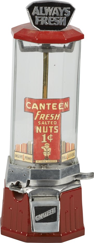 1 Cent Northwestern Canteen Countertop Vending Machine.: 1 Cent Northwestern Canteen Countertop Vending Machine c1933, Octagon globe w/ Canteen “Fresh Salted Nuts” decal & “Always Fresh” top sign. This machine is the same as the Northwestern 33 Juni