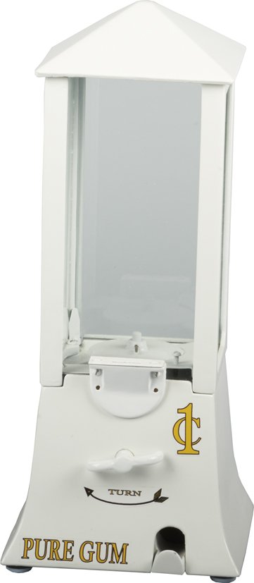1 Cent Northwestern Novelty Co. Pure Gum Merchandiser.: 1 Cent Northwestern Novelty Co. Pure Gum Merchandiser White Countertop Gumball Vending Machine AKA "Square Ball Gum Vender", Pat. 1919 w/ decals, Cast-iron base w/ wire handle & chute on right side