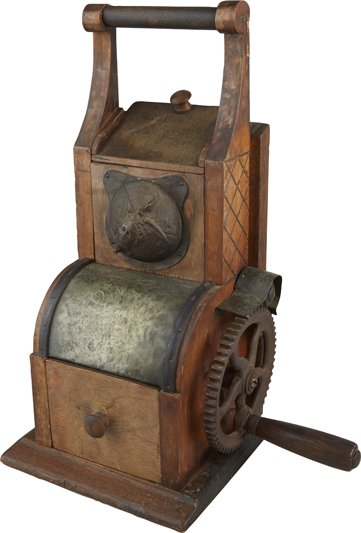 Vintage Wood Countertop Coffee Grinder.: Vintage Wood Countertop Coffee Grinder w/ wheel crank & drawer, Carved wood design w/ metal front & casting - 19”h. </
