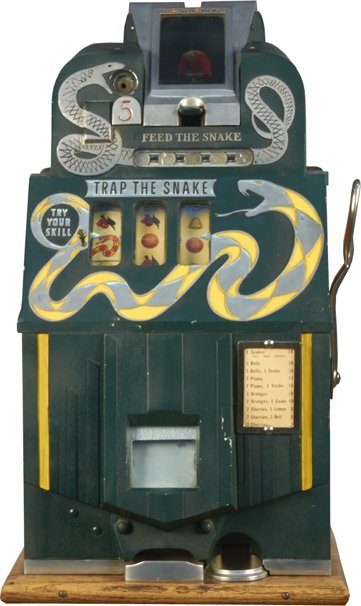 5 Cent Hoke “Snake” 3-Reel Table Model Slot Machine.: 5 Cent Mills/Hoke “Trap The Snake Futurity” 3-Reel Table Model Revamp Escalator Bell Slot Machine w/ working skill stops c1939, Rare & In Original Condition, Fully Operational, Excellent Condition