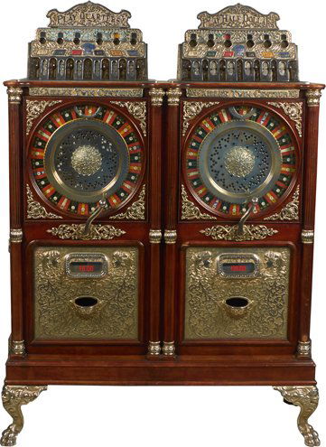 25 Cent 50 Cent Caille Twin Centaur Older Restoration.: 25 Cent - 50 Cent Caille Twin Centaur Double Slot Machine, Older Restoration c1907, Mahogany case w/Nickel Trim & New Top Signs Jackpot Fill Rods Are Not Attached But In Cash Box, Keys Needed For Jack