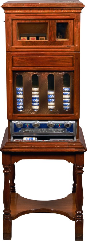 5 Cent O.D. Jennings Electrovender Floor Model Bell.: 5 Cent O.D. Jennings Electrovender Floor Model Bell Slot Machine w/ fortune reels, 4 front column vendors & wood cabinet c1930, w/ Key & museum information placard on stand.