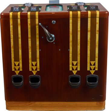 5 Cent Mills Novelty 4 Bells 4-Player Console Slot.: 5 Cent Mills Novelty 4 Bells 4-Player Console Slot Machine c1940, Nice wood inlay, Partially Playing, Contacts Need Cleaning, w/ Key.