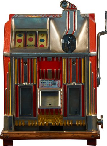 5 Cent O.D. Jennings Dutchess Front Vendor Escalator.: 5 Cent O.D. Jennings Dutchess Front Vendor Escalator Bell Slot Machine on wood pedestal stand c1933, Good Condition, w/ Key.