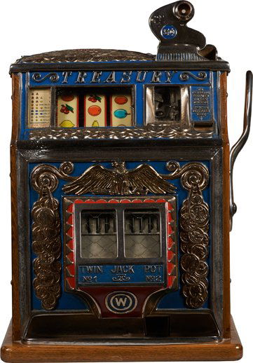 5 Cent Watling Treasury Twin Jackpot Blue Gooseneck.: 5 Cent Watling Treasury Twin Jackpot Blue Gooseneck Bell Slot Machine, New Back Door & Wood Case, Correct Castings, Missing Cash Box, c1935, Condition Good, w/ Key.