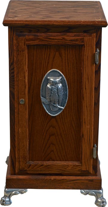 Wooden Clawfoot Slot Machine Stand.: Wooden Clawfoot Slot Machine Stand w/ owl casting & door - 19” x 19” x 34”h.
