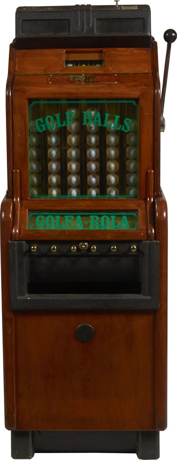 Token-Operated O.D. Jennings Golfa-Rola Wood Floor Cons: Token-Operated O.D. Jennings Golfa-Rola Wood Floor Console Golf Ball Dispenser, w/ Keys.