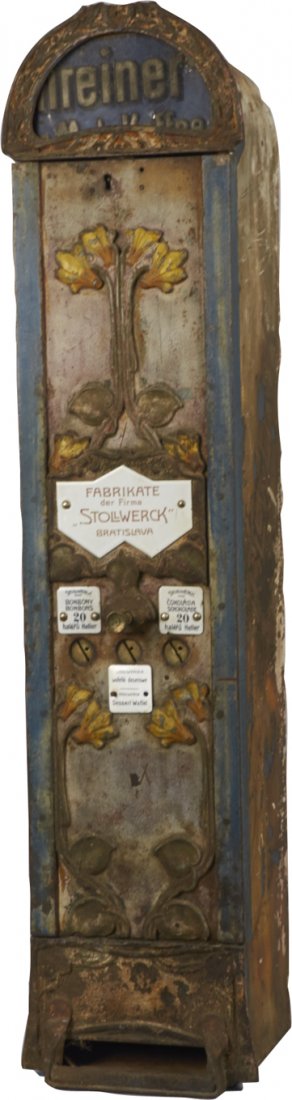 Coin-Op European Stollwerck Candy Vending Machine.: Coin-Op European Stollwerck 3-Selection Column Candy Vending Machine, Labeled for Bonbons, Chocolate & Dessert Waffel for 20 haleru heller, Large embossed curved top case, Small Amount Of Rust At Bott