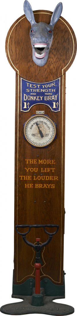 1 Cent Exhibit Supply Co. Donkey Bray Floor Strength.: 1 Cent Exhibit Supply Co. Donkey Bray Floor Strength Tester Arcade Machine, Featuring donkey head, “Test Your Strength And Make Donkey Bray - The More You Lift, The Louder He Brays” w/ front dial,