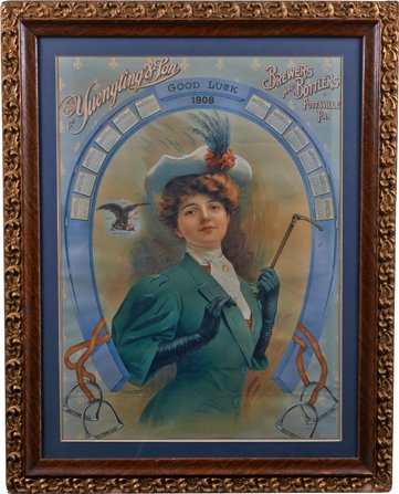 Original D.G. Yeungling & Son Good Luck 1908 Calendar.: Original D.G. Yeungling & Son Good Luck 1908 Calendar Poster In Ornate Frame, “Brewers And Bottlers, Pottsville, PA”, From painting c1906 by I.H. Symmons, Phila. featuring woman in riding outfit w