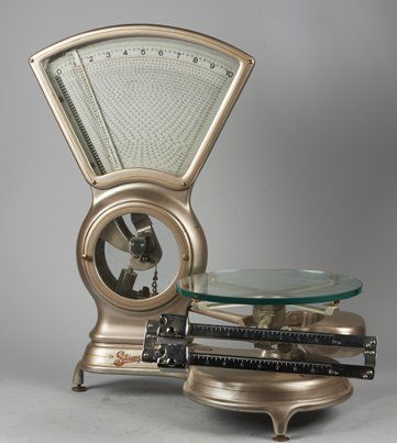 Stimpson Countertop Fan Scale Restored Silver w/Gold.: Stimpson Countertop Fan Scale Restored Silver w/Gold Striping, Clear Glass Tray, Pat. 1909 Serial No. 1325430 Stimpson Computing Scale Co. Inc. Louisville, KY.