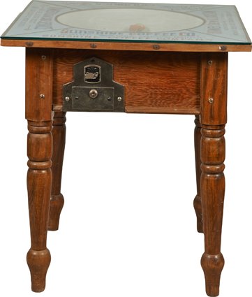 1 Cent National Advertising Race Car Game Table.: 1 Cent National Advertising Race Car Game Table, National Table Co., San Antonio, Tex., Carved wood w/ glass top, Inside table is a car racing wheel, “Goodrich Theatre”, “American Cab Service”