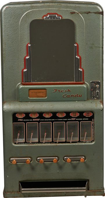 5 Cent Stoner MFG. Univendor 6-Column Candy Vending.: 5 Cent Stoner MFG. Univendor 6-Column Candy Vending Machine c1940s, Aurora, Ill., Mounted on wood backboard, Art Deco style w/ front mirror, No key - 48”h.