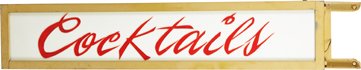 Cocktails” Large 2-Sided Plastic Light-Up Hanging Sign: Cocktails” Large Outdoor 2-Sided Plastic Light-Up Hanging Sign In Metal Box w/15 Chasing Light Bulb Sockets On Bottom - 60” x 12.25” x 13.75”.