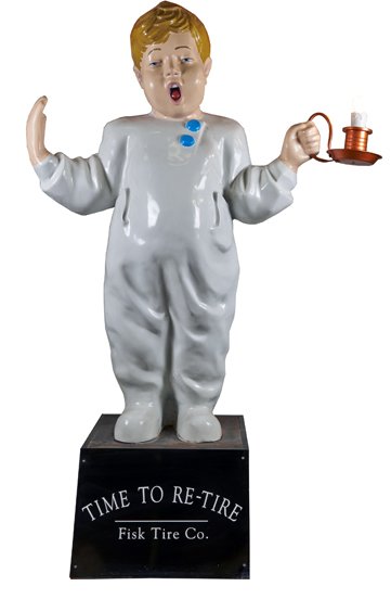 Very Large Fisk Tire Co. Sleepy Little Boy Figural.: Very Large Fisk Tire Co. Sleepy Little Boy Light-Up Figural Statue on “Time To Re-Tire” base, Boy is in yawning pose in pajamas w/ candlestick holder in hand - (w/ base) approx. 5’ 2” w x 7’