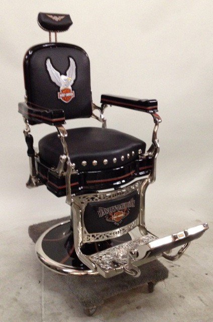 Restored Koken Barber Chair in Harley Davidson Motif.: Restored Koken Barber Chair in Harley Davidson Motif, Genuine black leather w/ patches sewn on and fresh nickel plating.