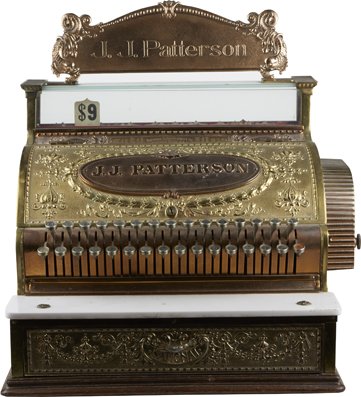 National Cash Register Ornate Brass Model 46 1/4.: National Cash Register Ornate Brass Model 46 1/4 Serial No. 381330 c1904 w/Marble Till, Dolphin Design, “J.J. Patterson” Top Sign & Side Receipt Cage w/ keys