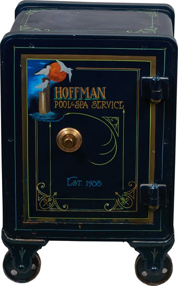 Early Cast-Iron Combination Lock Safe On Wheels.: Early Cast-Iron Combination Lock Safe On Wheels w/ combination code, Pat. 1888 No. 16103, Nicely restored in green w/ pinstriping, lettering & pictures, “Hoffman Pool & Spa Service Est. 1985” feat