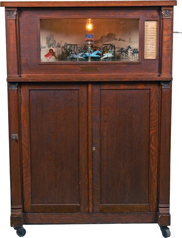5 Cent Western Electric Derby Horse Race Player Piano.: 5 Cent Western Electric Derby Horse Race Player Piano In Wood Console w/4 Piano Rolls, In Excellent Restored Condition, By Western Electric Piano Co., Chicago, Ill.