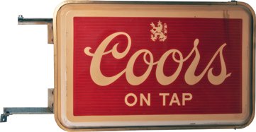 Coors On Tap Beer Double-Sided Hanging Light-Up Sign.: Coors On Tap Beer Double-Sided Hanging Light-Up Sign w/ bracket mount - 48” x 32”.