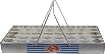 Pepsi Metal Drink Holder Tray Carrier w/ 2 Handles.: Pepsi Metal Drink Holder Tray Carrier w/ 2 Handles, “Drink Pepsi Cola Ice Cold”, Fits 40 drinks/bottles - 24” x 15”. <