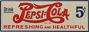Drink Pepsi : Cola 5 Cents “Refreshing And Healthful”.: Drink Pepsi : Cola 5 Cents “Refreshing And Healthful” Red, White & Blue Embossed Tin Advertisement Sign - 17” x 6”. </